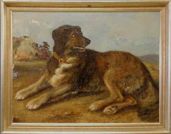 Appraisal: Oil on artist board painting of a reclining dog th