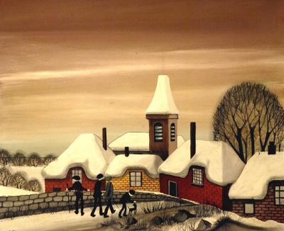 Appraisal: BRAAQ BRIAN SHIELDS Snowscene Figures approaching a Village signed and