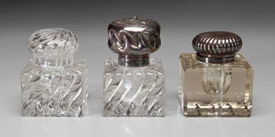 Appraisal: Three glass inkwells one square with swirl design - in