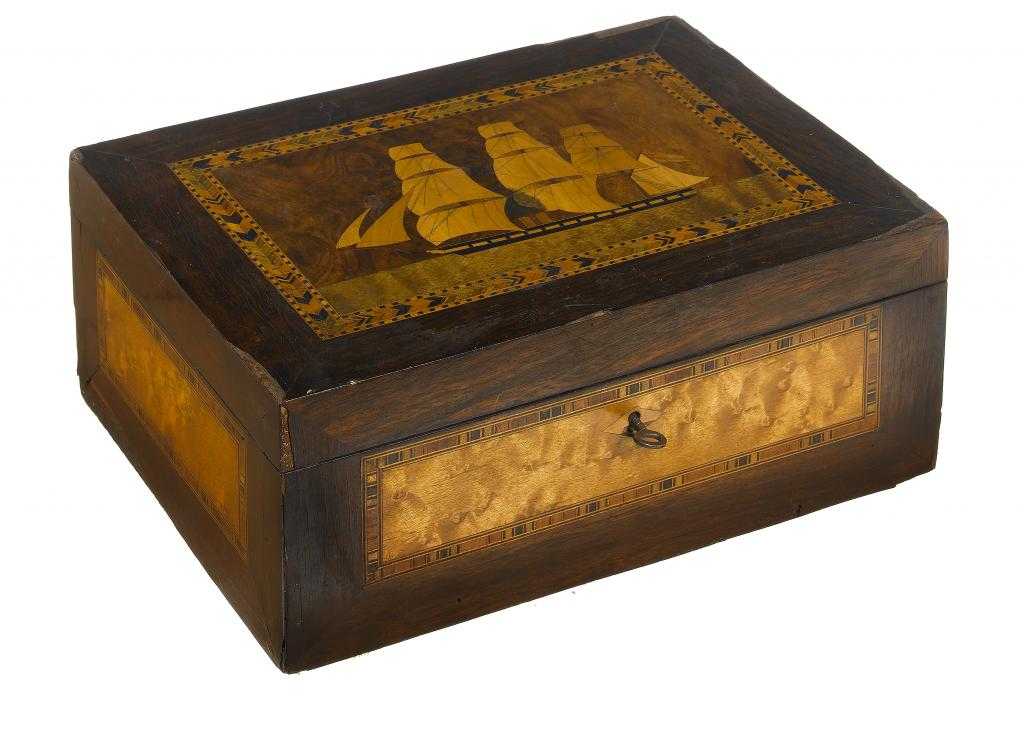 Appraisal: A VICTORIAN SAILOR'S ROSEWOOD AND MARQUETRY WORKBOX the lid decorated