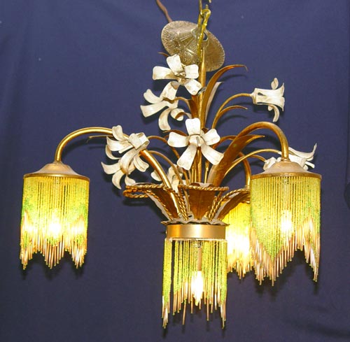 Appraisal: VINTAGE ITALIAN ART METAL CHANDELIER GLASS BEAD SHADE Metal floral