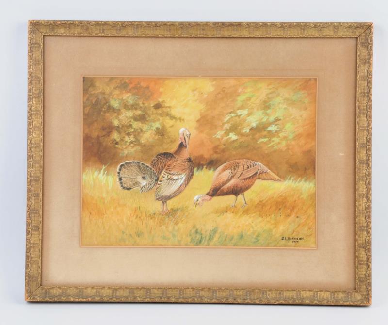 Appraisal: Watercolor Of Wild Turkeys By J A Herman This watercolor