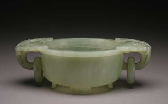 Appraisal: CARVED CELADON JADE CENSER Chinese carved celadon jade censer the