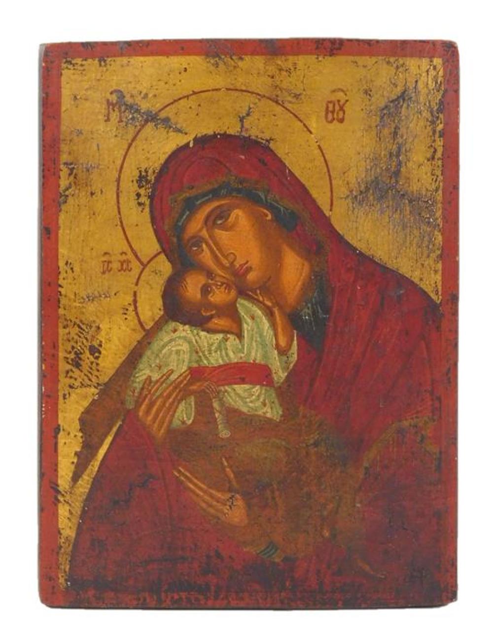 Appraisal: Russian icon on panel Madonna and Child type figures paper