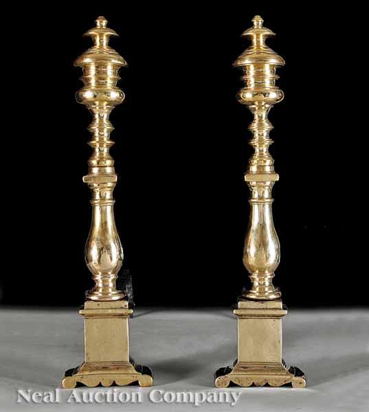 Appraisal: A Pair of American Classical Brass Andirons c probably Charleston