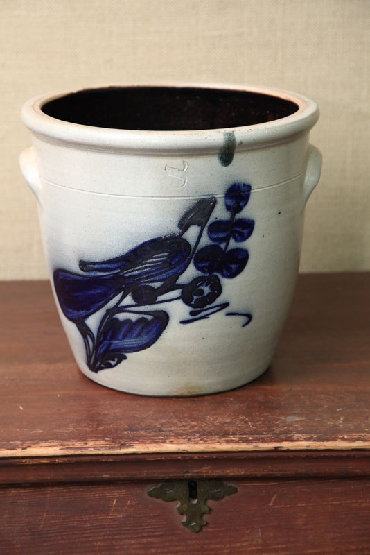 Appraisal: STONEWARE CROCK With applied handles and cobalt bird design Impressed