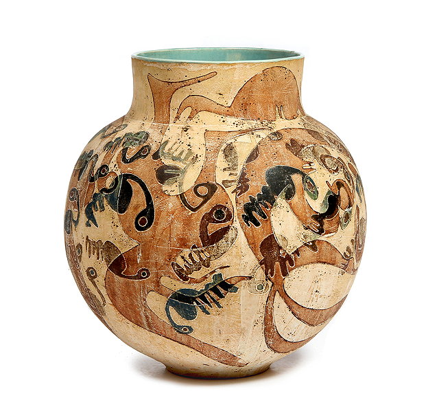 Appraisal: A LARGE CONTEMPORARY OVOID VASE decorated in buff browns with