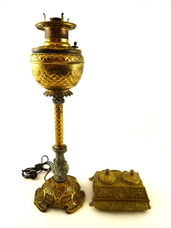 Appraisal: Brass lamp and inkwell electrified fluid lamp stamped The Rochester