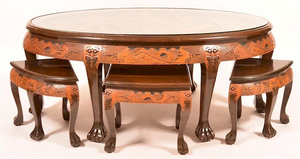 Appraisal: Rosewood Oriental Cocktail Table and Stools th Century Carved Rosewood