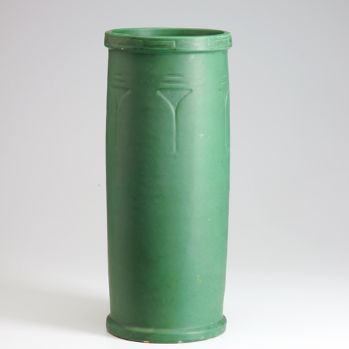 Appraisal: ROSEVILLE Matte Green cylindrical umbrella stand with geometric designs Two