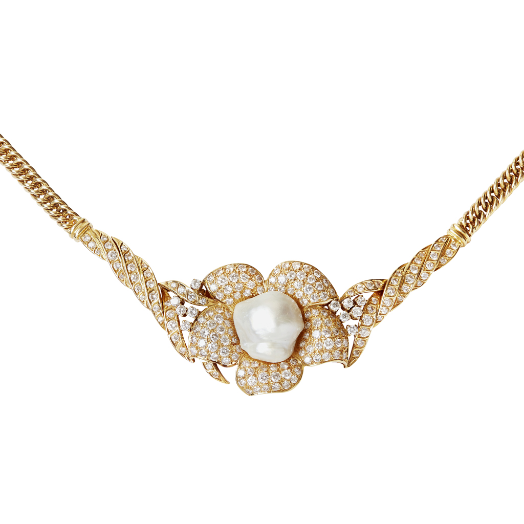 Appraisal: A contemporary pearl and diamond set pendantthe floral motif set