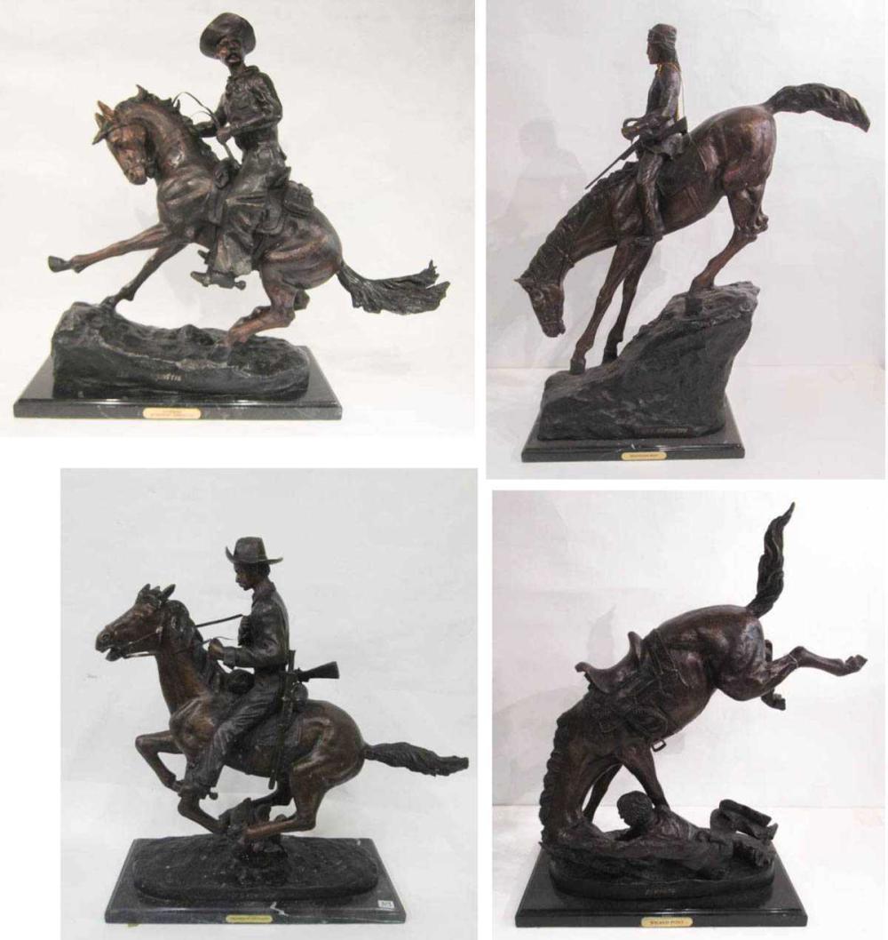 Appraisal: FOUR WESTERN BRONZE HORSE AND RIDER SCULPTURES after Frederic Sackrider