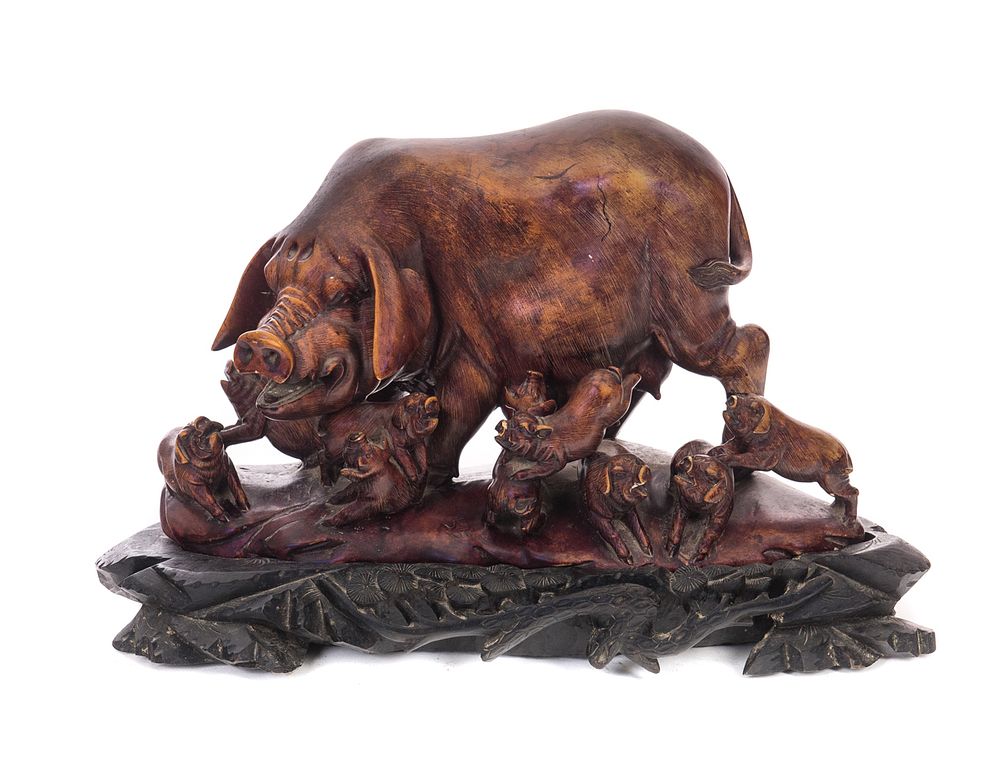 Appraisal: Oriental Soapstone Carving Pig with Piglets Chinese soapstone carving of