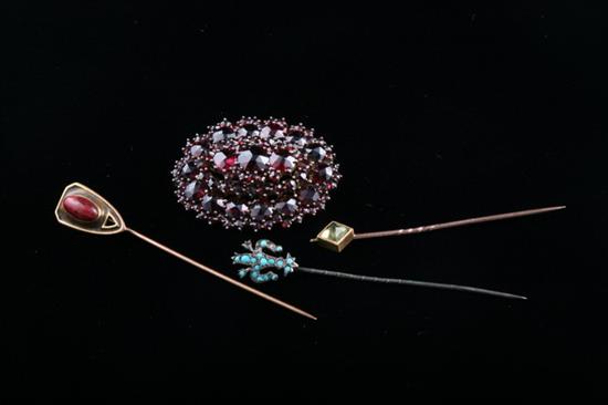 Appraisal: VICTORIAN GARNET CLUSTER OVAL BROOCH AND THREE ANTIQUE STICK PINS