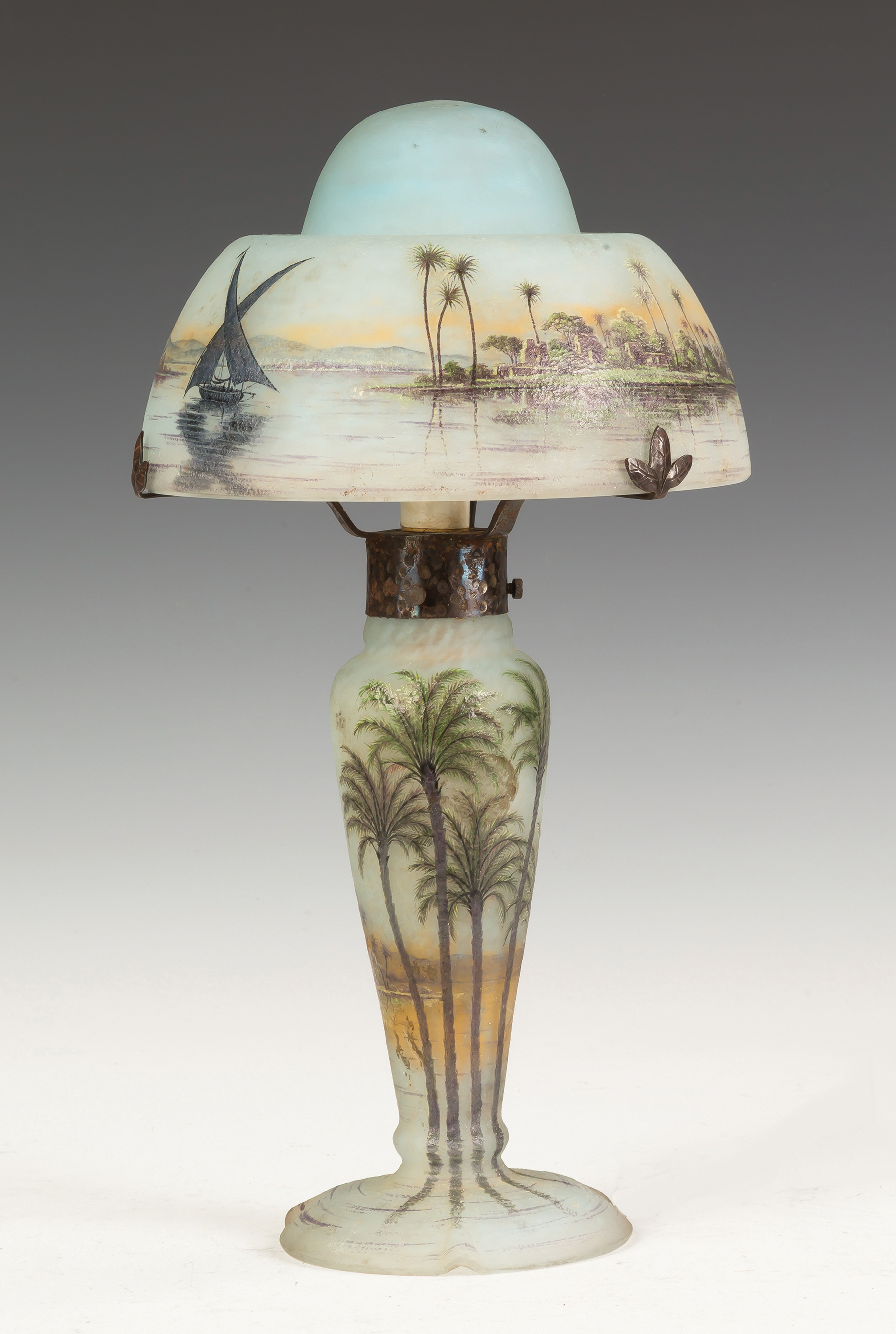 Appraisal: Fine Daum Nancy Lamp with Middle Eastern Seascape Early th