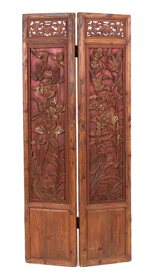 Appraisal: An Asian Carved Pine and Red Lacquer Two Panel Screen