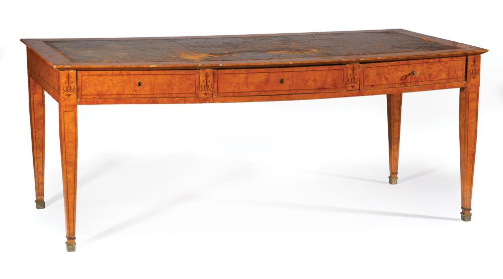 Appraisal: Antique Continental Neoclassical-Style Inlaid Figured Birch Library Table inset tooled