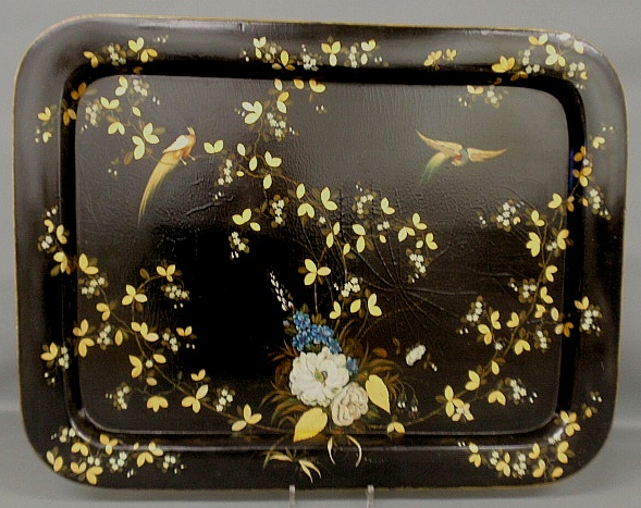 Appraisal: - Large Victorian black lacquered rectangular tray with floral and