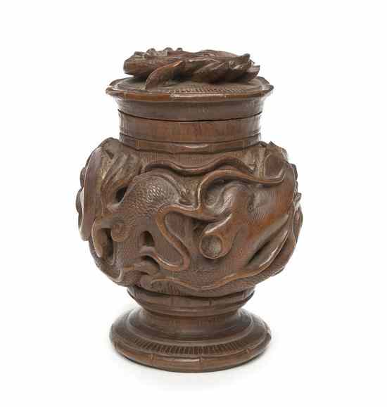 Appraisal: A Carved Walnut Tobacco Box of spherical form having dragon