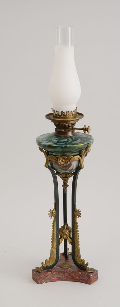 Appraisal: AMERICAN GILT-METAL GLASS AND MARBLEIZED OIL LAMP With Hink's No