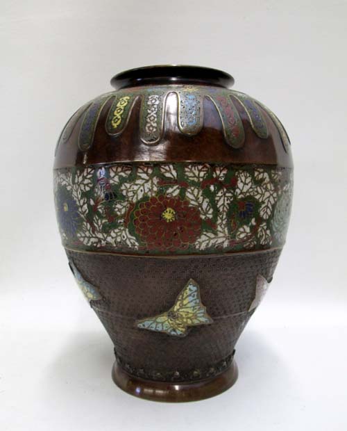 Appraisal: MEIJI JAPANESE CLOISONNE HIGH SHOULDERED MIXED METALS VASE having high