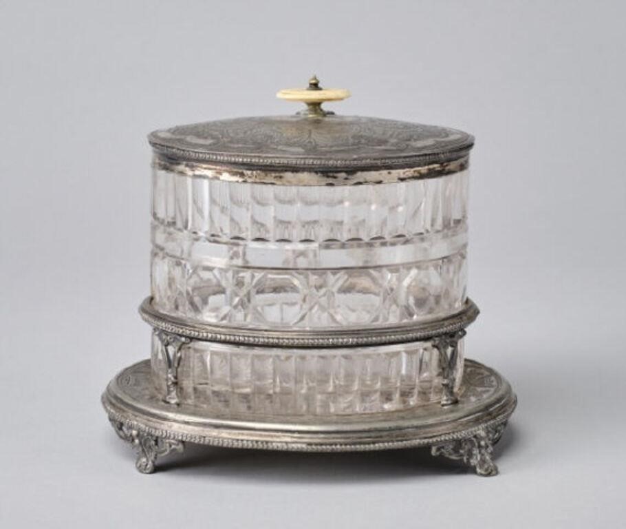 Appraisal: A Victorian period silver plate cut glass biscuit barrel on