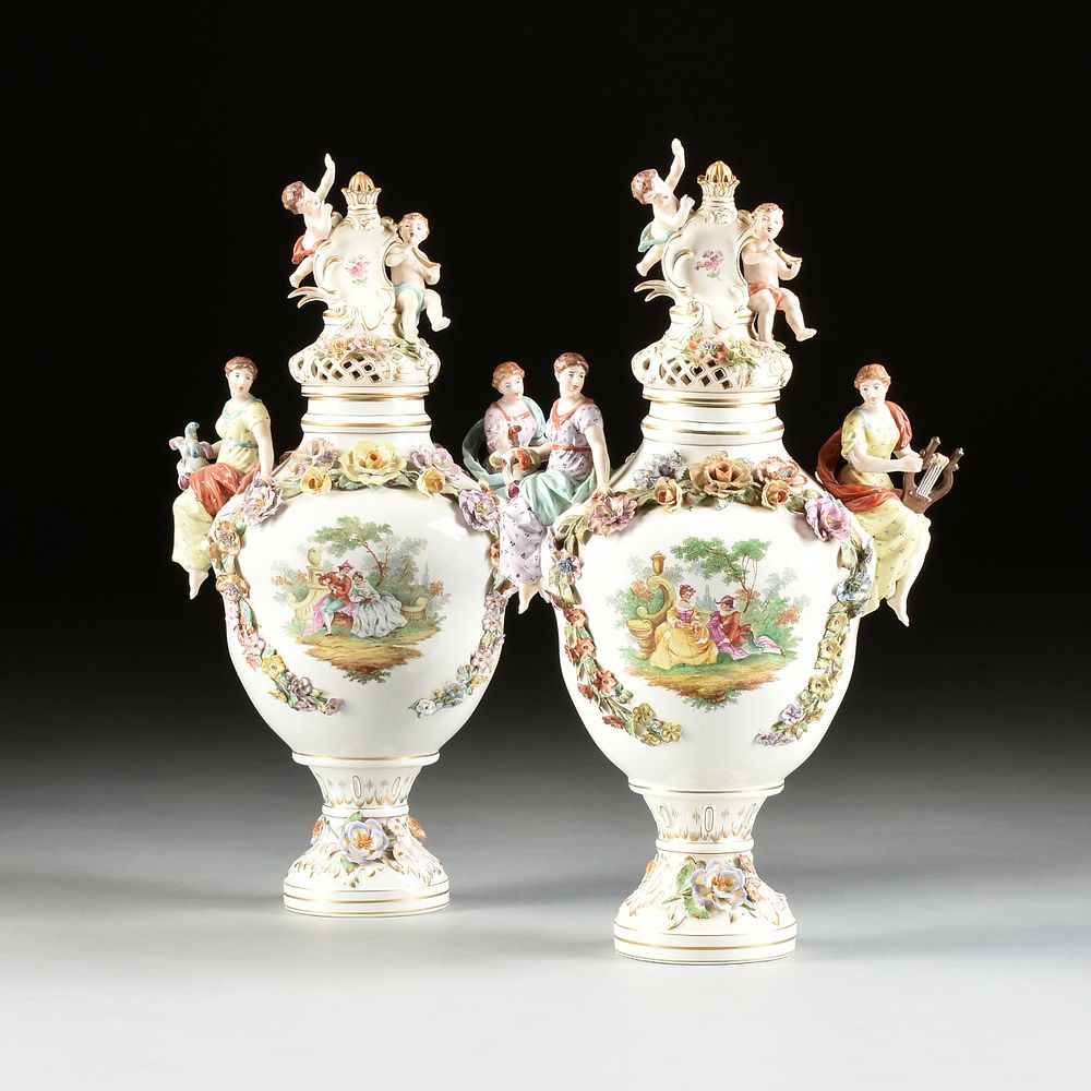 Appraisal: PAIR OF LARGE DRESDEN FLORAL ENCRUSTED AND PAINTED PORCELAIN LIDDED