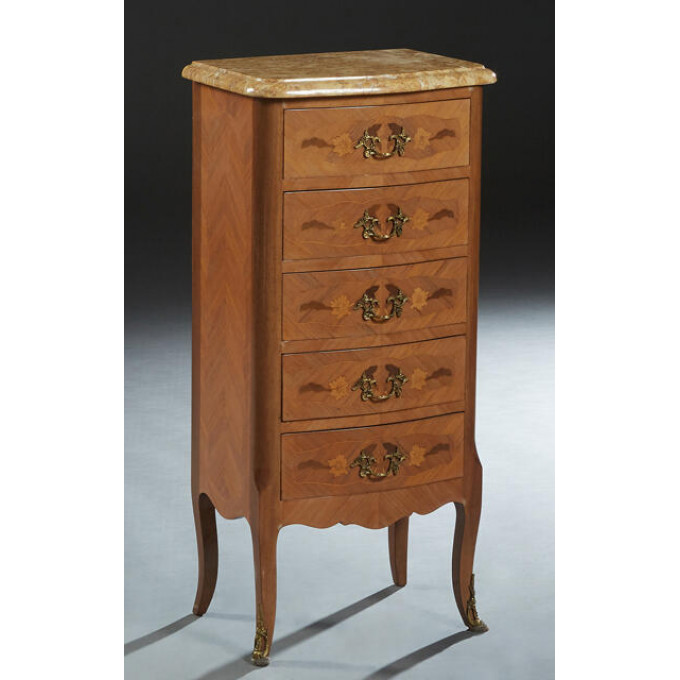 Appraisal: French Louis XV Style Inlaid Carved Mahogany Bowfront Marble Top