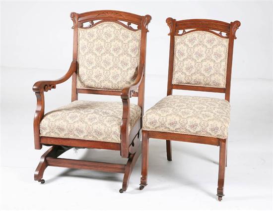 Appraisal: TWO VICTORIAN CHAIRS Matching side chair and platform rocker with