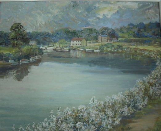 Appraisal: Jesse HeydenRiver scene with boats and buildingsoil on board cm