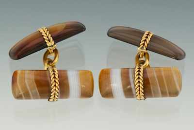 Appraisal: A Pair of French k Gold and Agate Cufflinks k