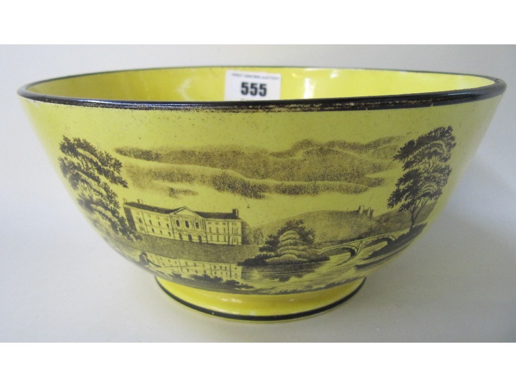 Appraisal: Staffordshire yellow glazed bowl with black transfer landscape decoration