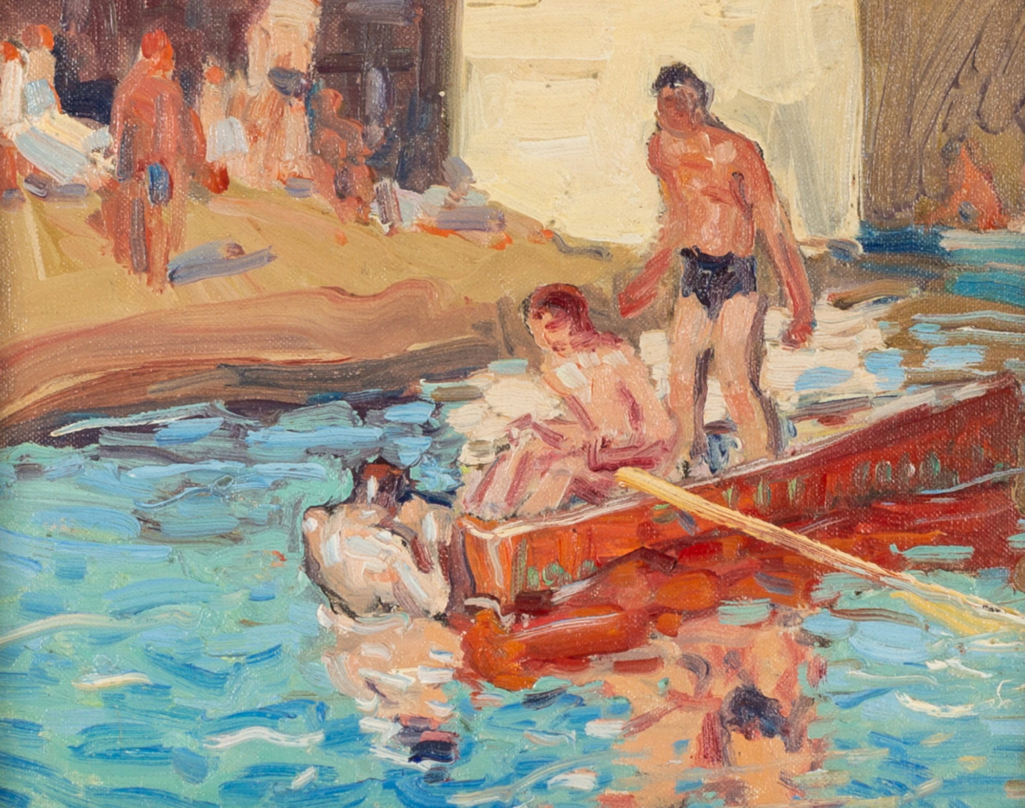 Appraisal: GEORGE RENOUARD AMERICAN - ORANGE ROWBOAT Oil on canvas board