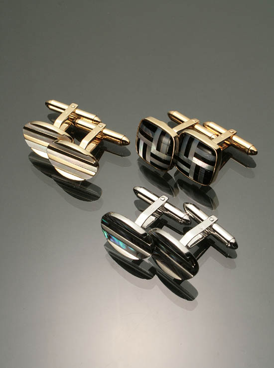 Appraisal: Three Pairs of Gentleman's -Karat Gold and Mother-of-Pearl Cuff Links