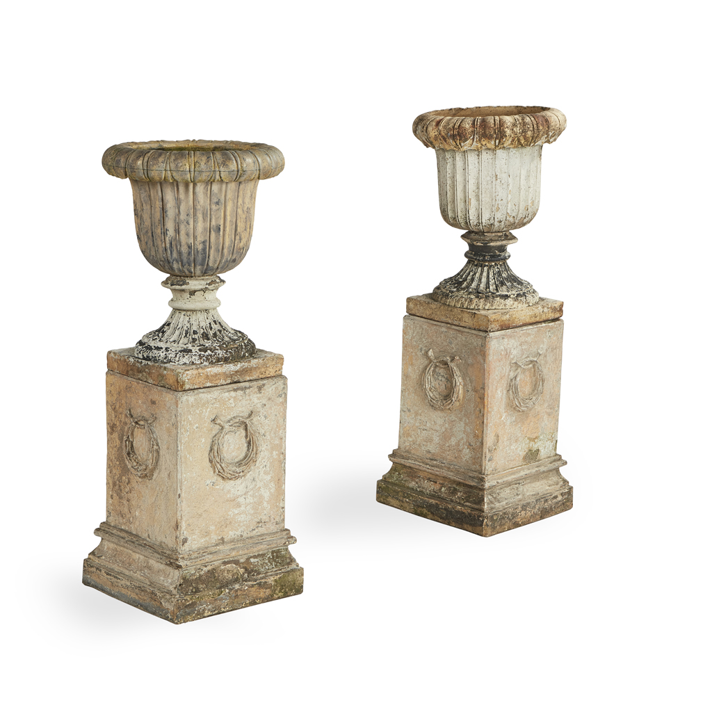 Appraisal: PAIR OF SCOTTISH FIRECLAY URNS AND PEDESTALS BY J M