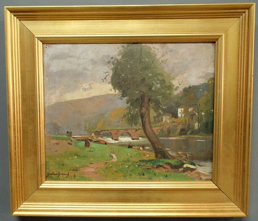 Appraisal: Oil on board French landscape painting of a bridge over