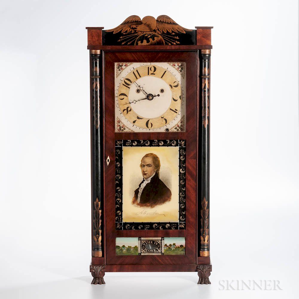 Appraisal: Silas Hoadley Time is Money Stenciled Shelf Clock Silas Hoadley