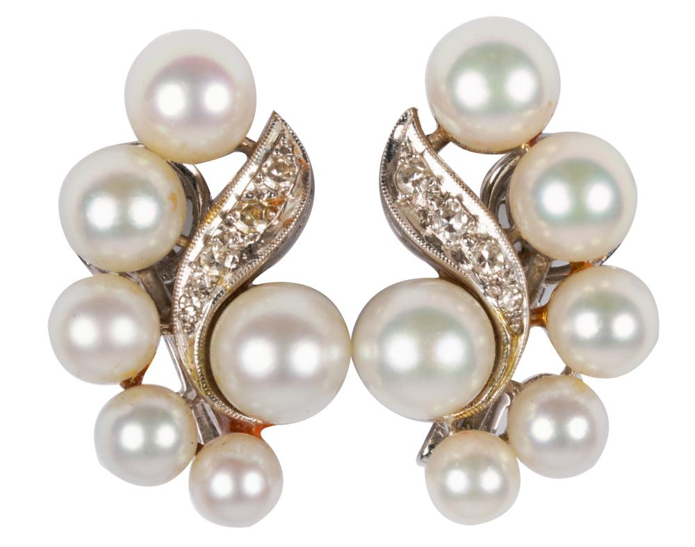 Appraisal: PAIR OF KARAT WHITE GOLD DIAMOND CULTURED PEARL EARRINGScontaining eight