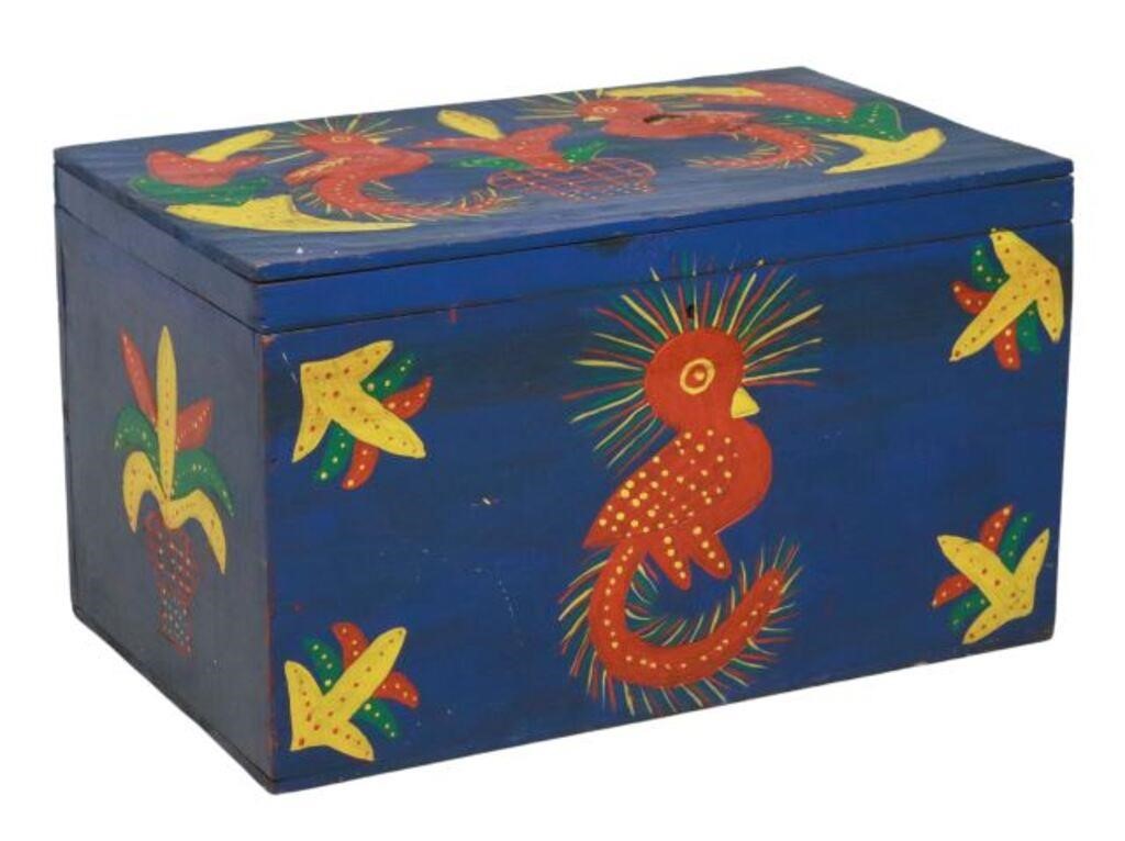 Appraisal: Paint decorated storage trunk Mexico polychrome quetzal birds and cacti