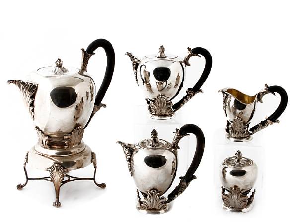 Appraisal: An Italian hand wrought standard silver and wood five piece