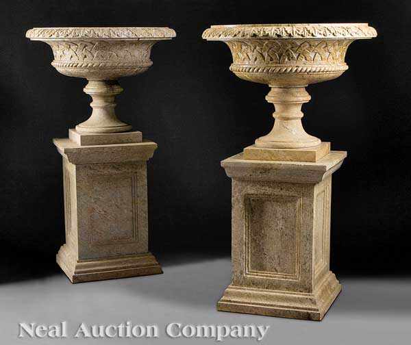 Appraisal: A Fine Pair of Neoclassical-Style Carved Granite Architectural Urns flared