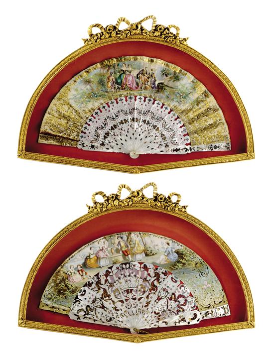 Appraisal: European painted and parcel-gilt mother-of-pearl fans circa - pierce-carved and