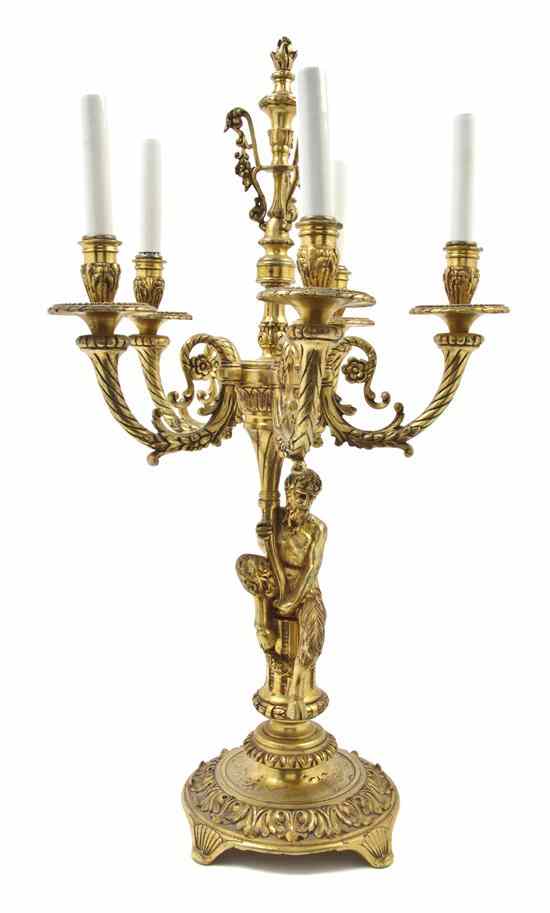 Appraisal: A Continental Gilt Bronze Figural Five-Light Candelabra cast as a