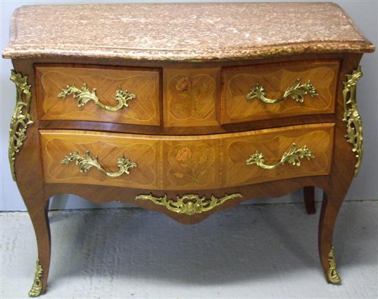 Appraisal: th century style French kingwood bombe marble topped parquetry inlaid