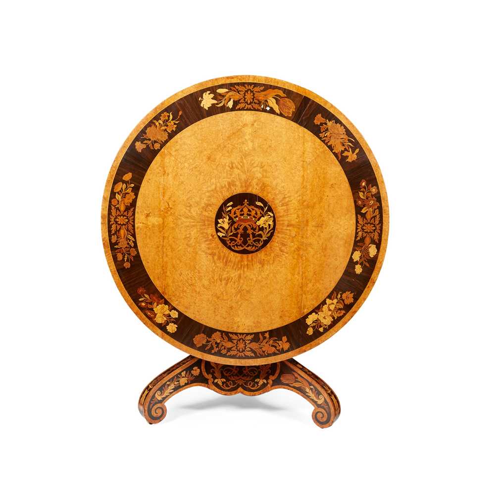 Appraisal: Y KING LOUIS-PHILIPPE'S AMBOYNA WALNUT IVORY AND EBONY MARQUETRY CENTRE