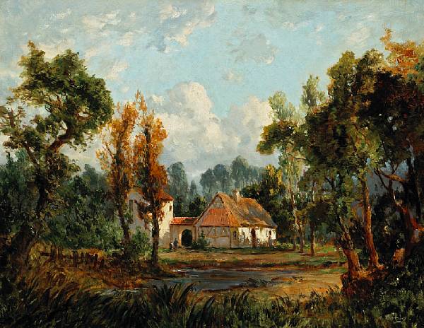 Appraisal: English School A wooded landscape with a cottage by a