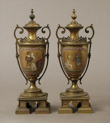 Appraisal: Pair of Renaissance-Style Gilt-Metal Mounted Gilt and Polychrome Decorated Ceramic