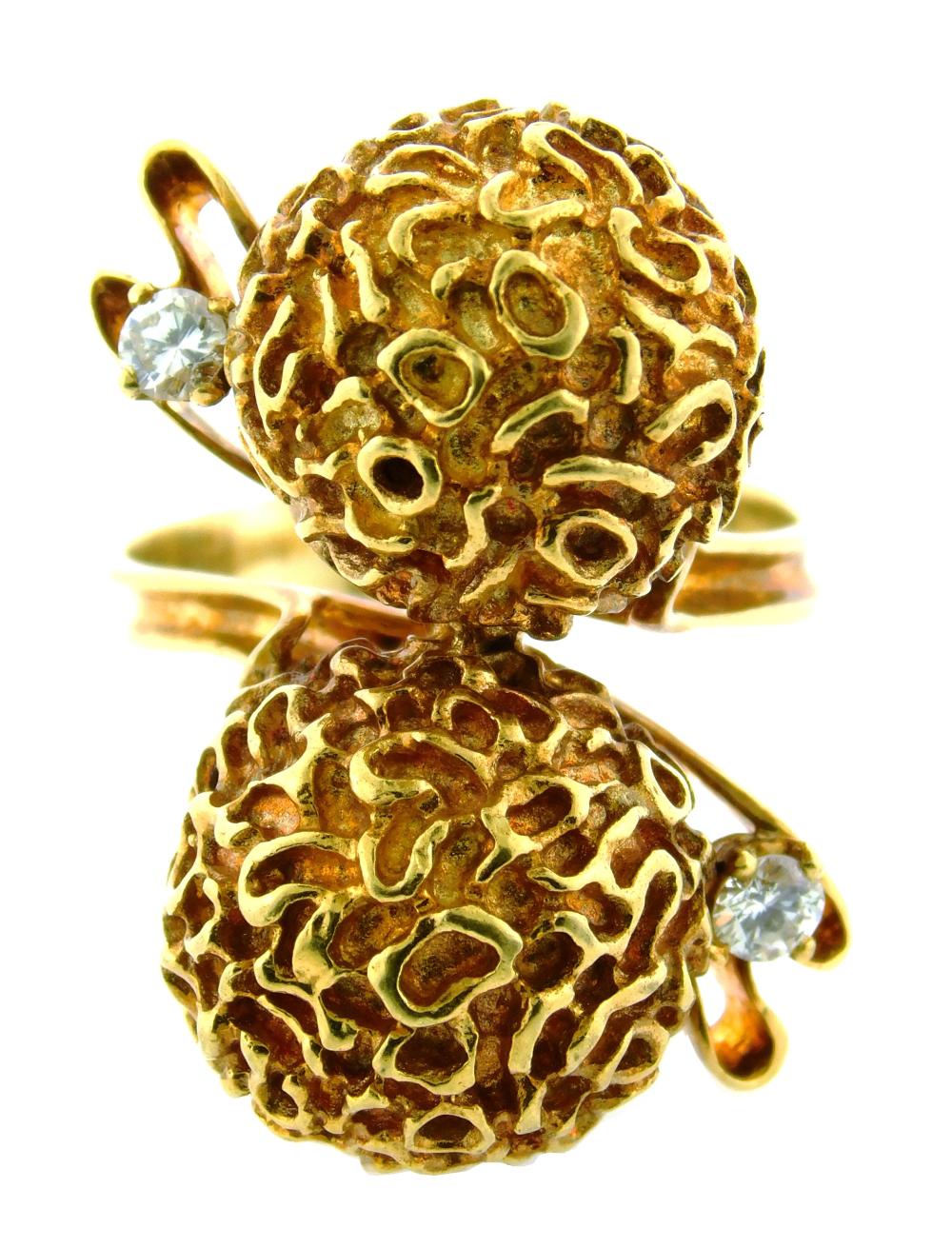 Appraisal: JEWELRY K yellow gold ring with two diamonds Italian double-orb