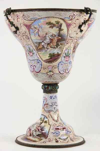 Appraisal: Antique Enameled Standing Cupinverted bell form on stepped foot with