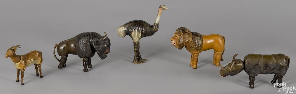 Appraisal: Five Schoenhut painted wood animals with painted eyes to include